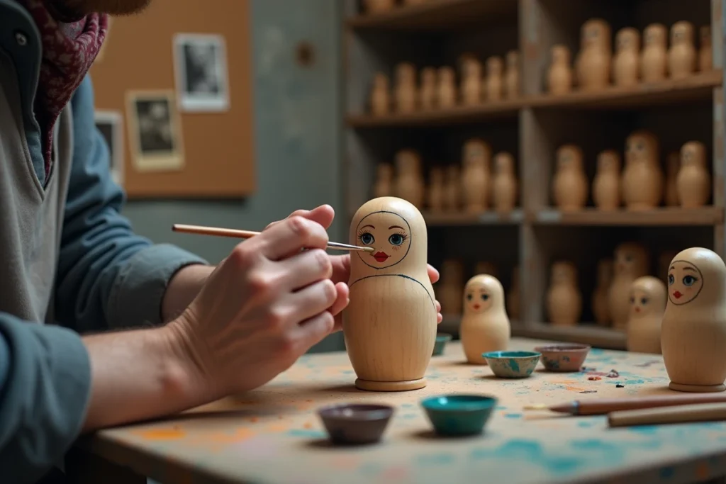 Artisan peignant à la main le portrait personnalisé sur une poupée russe matriochka en bois dans un atelier de création