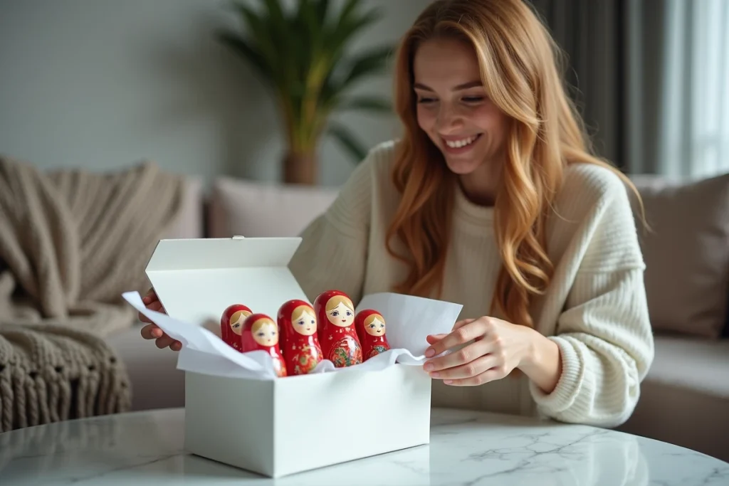 Jeune femme découvrant avec surprise un cadeau de poupées russes matriochkas personnalisées dans un salon chaleureux