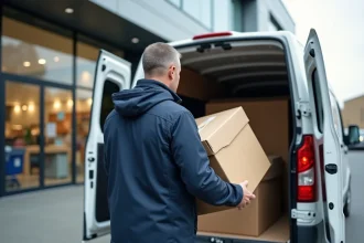 Homme chargeant des meubles en carton dans un taxi utilitaire blanc devant un magasin de meubles