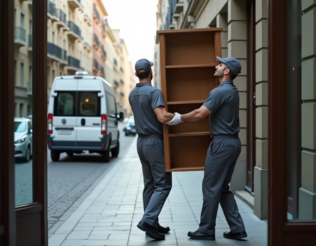 Deux déménageurs livrant une bibliothèque en bois depuis un taxi meuble devant un immeuble résidentiel