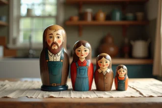 Ensemble de poupées russes matriochkas personnalisées avec portraits de famille peints à la main, disposées sur une table en bois rustique
