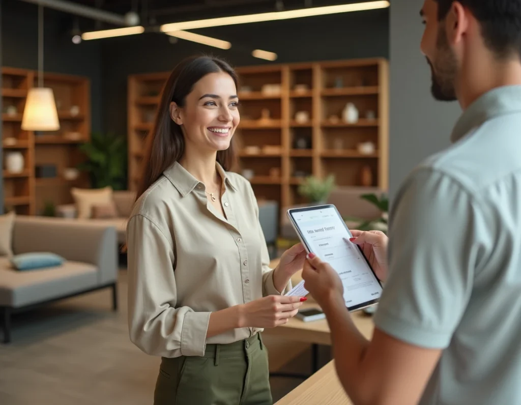 Femme organisant une livraison de meubles le jour même avec un vendeur dans un magasin moderne