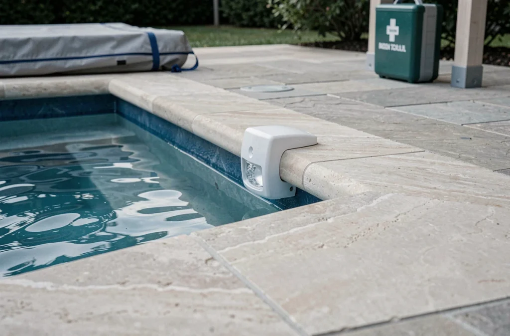 Alarme de piscine fixée en bordure d'une piscine enterrée avec couverture de sécurité et trousse de premiers secours visibles