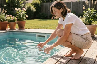 Femme ajoutant une alternative au chlore dans une piscine familiale de jardin