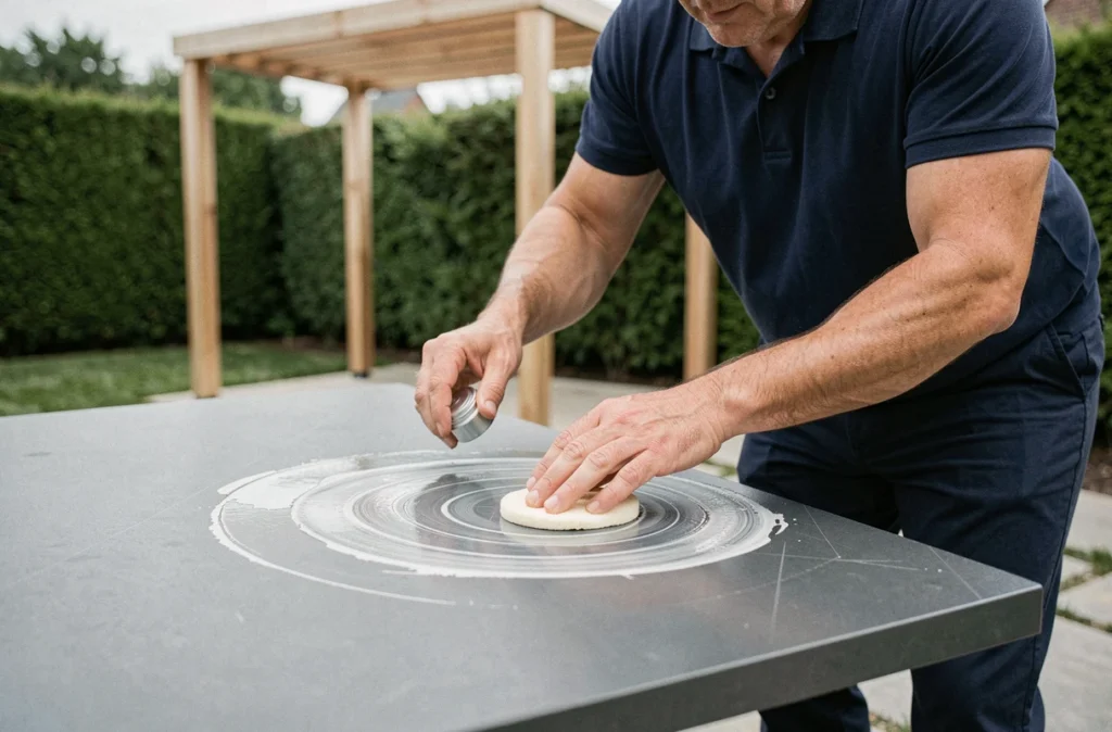 Homme appliquant une cire protectrice sur une table en résine grise dans un jardin moderne pour préserver sa surface
