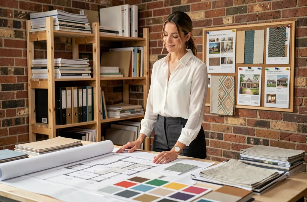 Architecte intérieure spécialisée en location saisonnière étudiant des plans et matériaux pour optimiser un appartement Airbnb