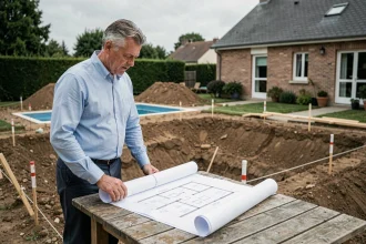 Architecte consultant les plans de construction d'une piscine privée dans un jardin en chantier