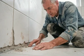 Artisan carreleur examinant un joint de carrelage dégradé avant application d'un joint époxy dans une salle de bain