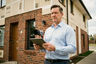 Auditeur énergétique professionnel évaluant la façade d'une maison résidentielle avec une caméra thermique