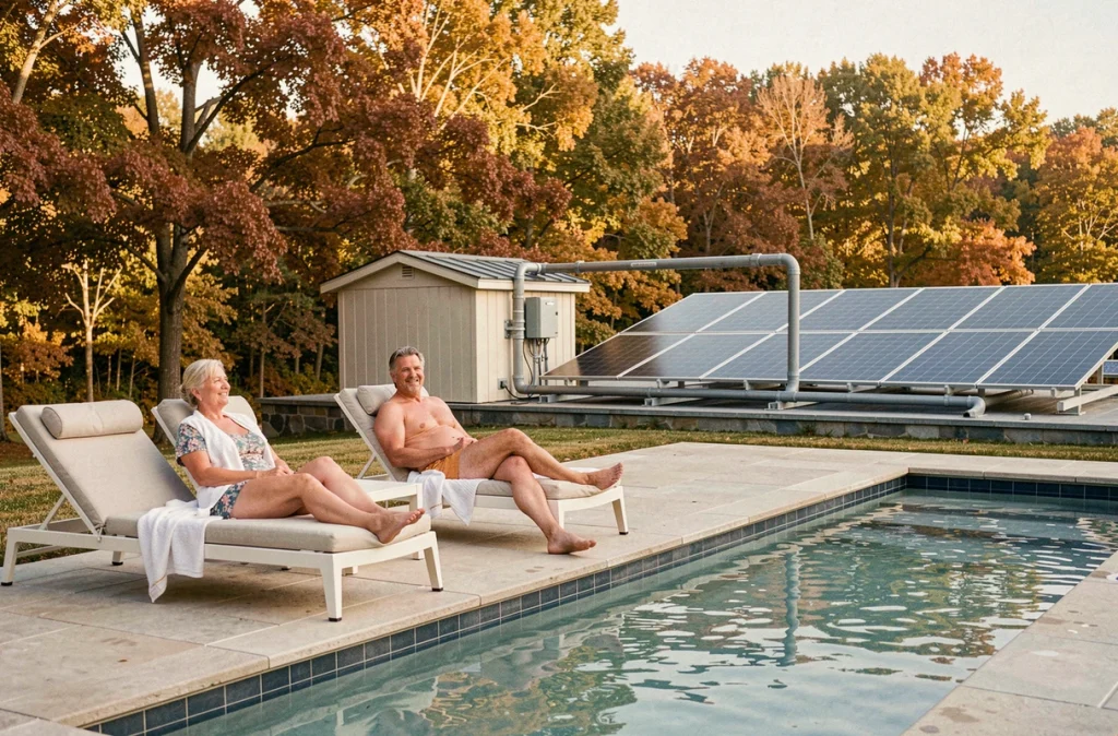 Couple profitant de la piscine chauffée par énergie solaire en automne grâce à une saison de baignade prolongée