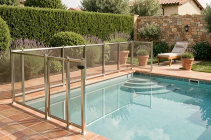 Barrière de sécurité en acier inoxydable avec portillon autobloquant autour d'une piscine enterrée dans un jardin méditerranéen