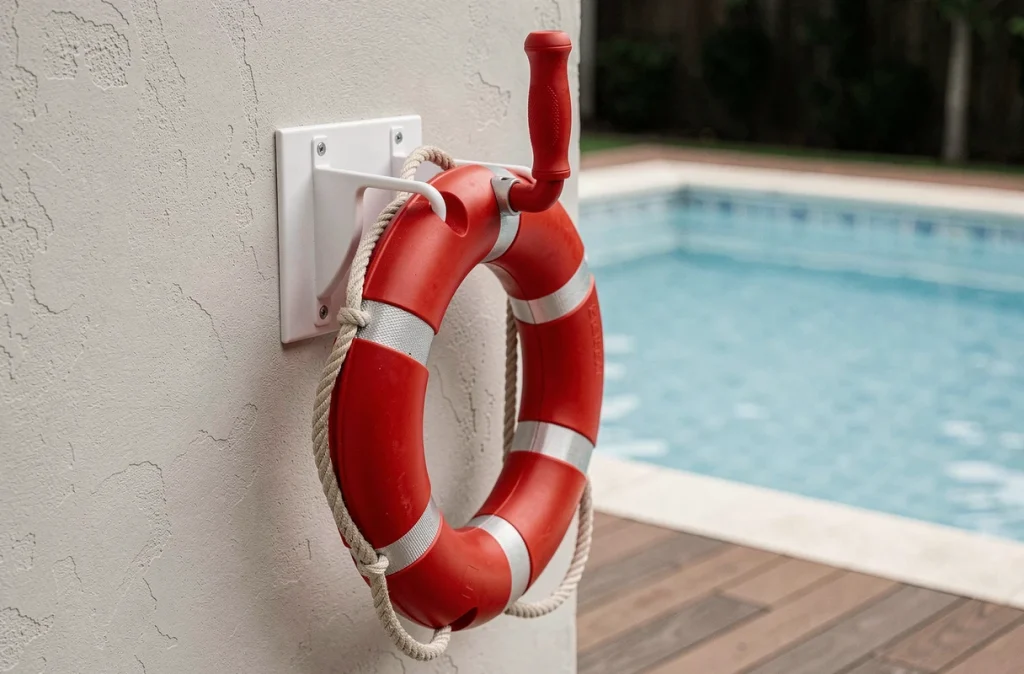 Bouée de sauvetage et perche de secours installées au bord d'une piscine enterrée résidentielle