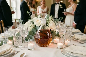 Carafe à whisky en cristal sur une table de réception de mariage élégamment décorée avec des fleurs blanches et des bougies
