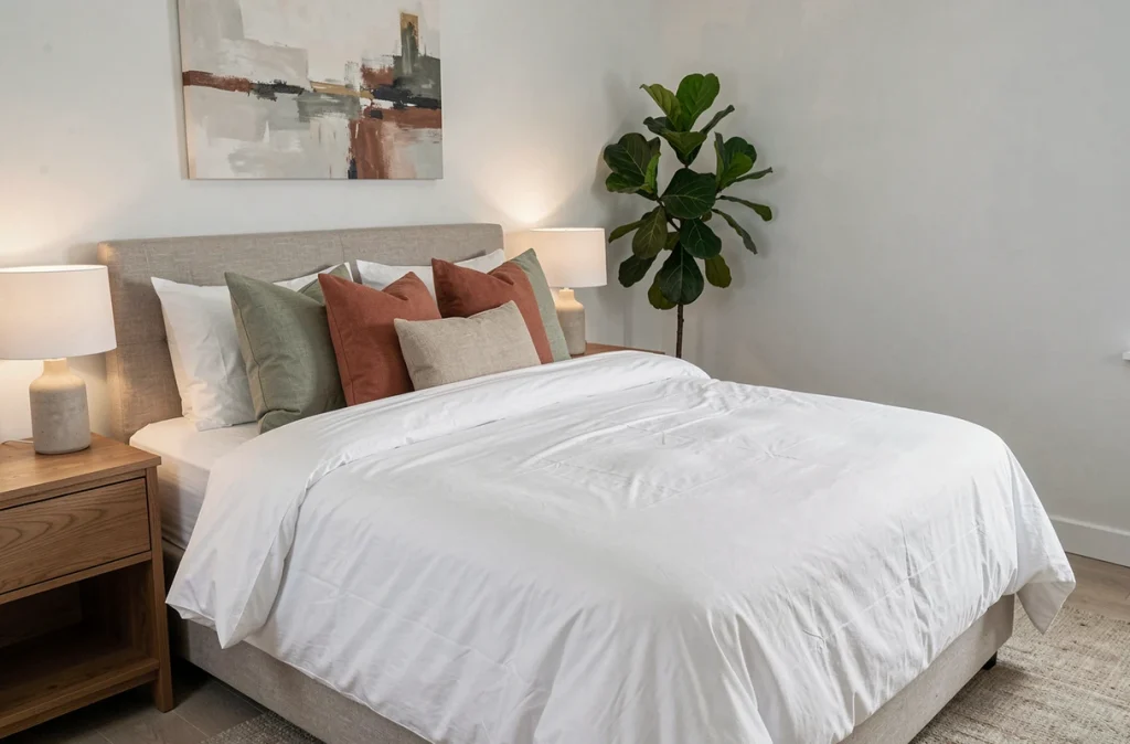 Chambre de location Airbnb décorée par un architecte intérieur avec literie haut de gamme et décor naturel pour maximiser les réservations