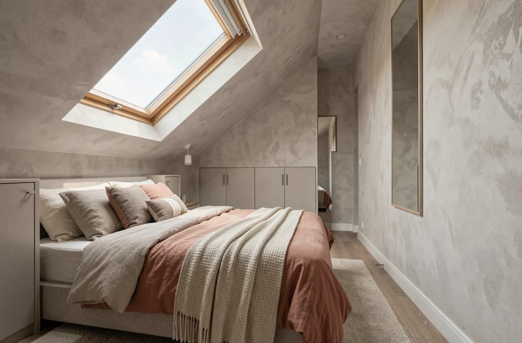 Chambre en longueur sous pente avec velux, armoires intégrées sous le toit et miroir vertical pour agrandir l'espace