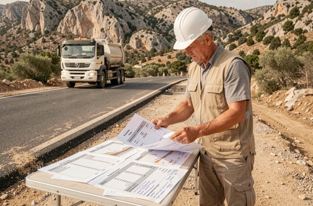 Chef de chantier analysant les coûts d'enrobé au m2 avec des documents de devis sur un chantier routier en France