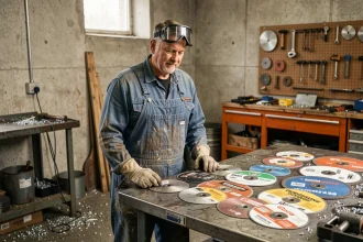 Technicien comparant plusieurs disques à tronçonner métal de différentes marques et prix sur un établi d'atelier industriel
