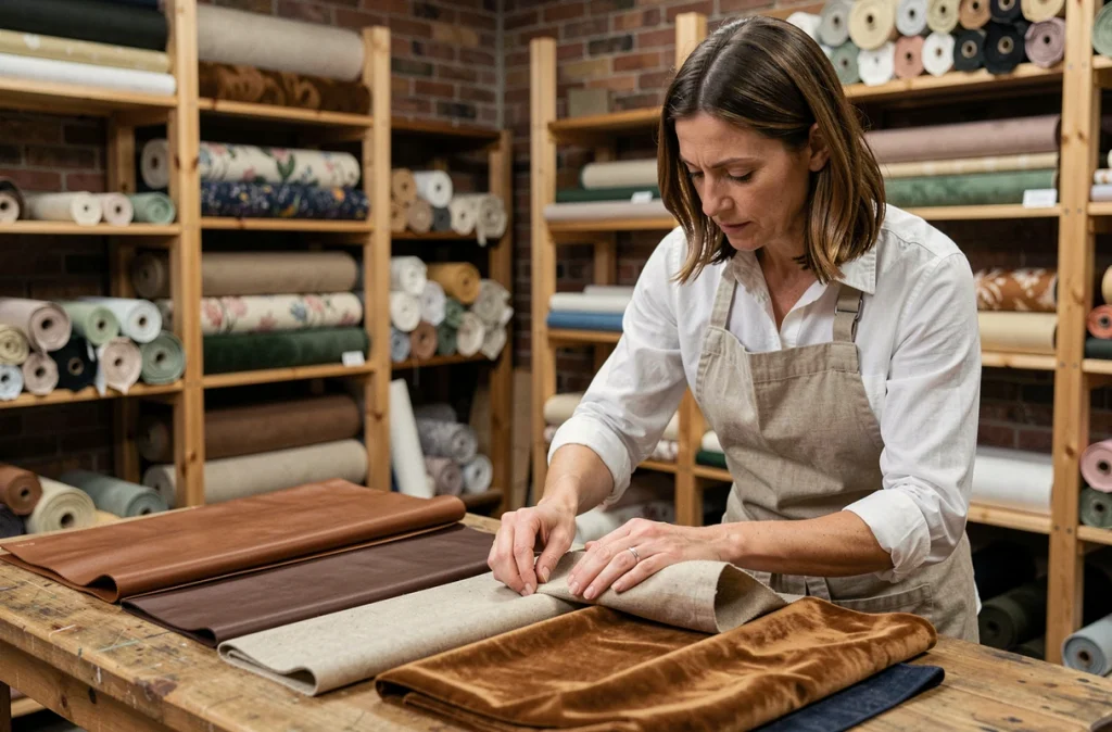 Femme comparant plusieurs housses de tabouret de bar en différents matériaux dans un atelier de tissu artisanal