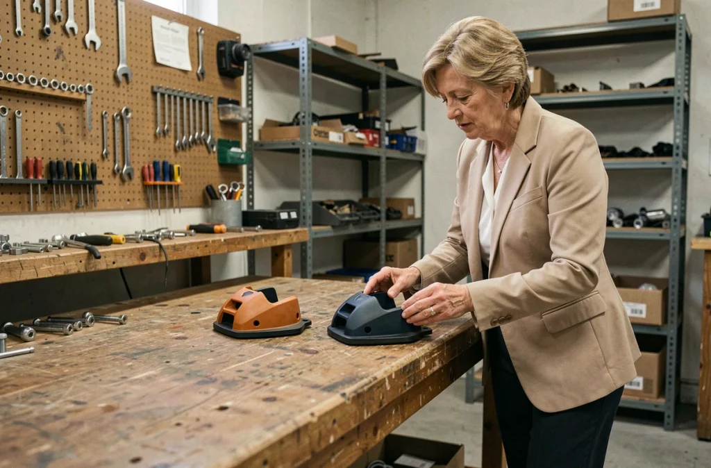 Gestionnaire de bâtiment comparant deux modèles de pince-doigts pour porte lourde dans un atelier de maintenance