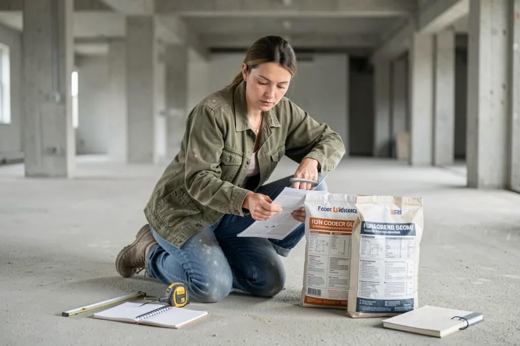 Professionnelle du bâtiment comparant deux sacs de ragréage de différentes épaisseurs sur un chantier de sol commercial