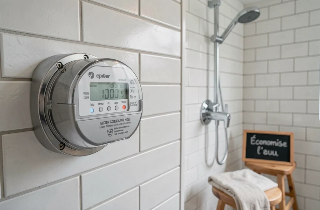 Compteur d'eau numérique et pommeau de douche pluie dans une salle de bain minimaliste éco-responsable