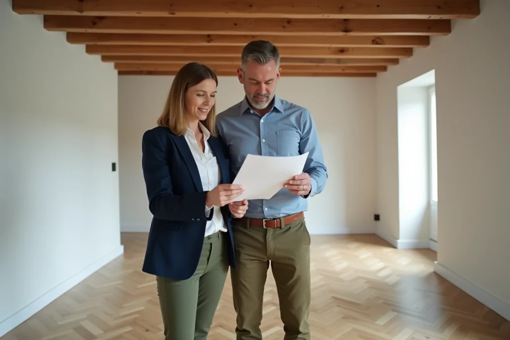 Couple examinant un contrat de rénovation signé dans un salon belge fraîchement rénové