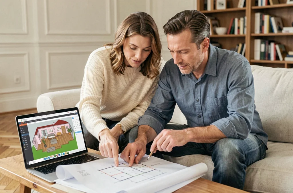 Couple examinant des plans d'architecture imprimés et une visualisation 3D sur ordinateur pour rénover leur intérieur avec Kozikaza Leroy Merlin