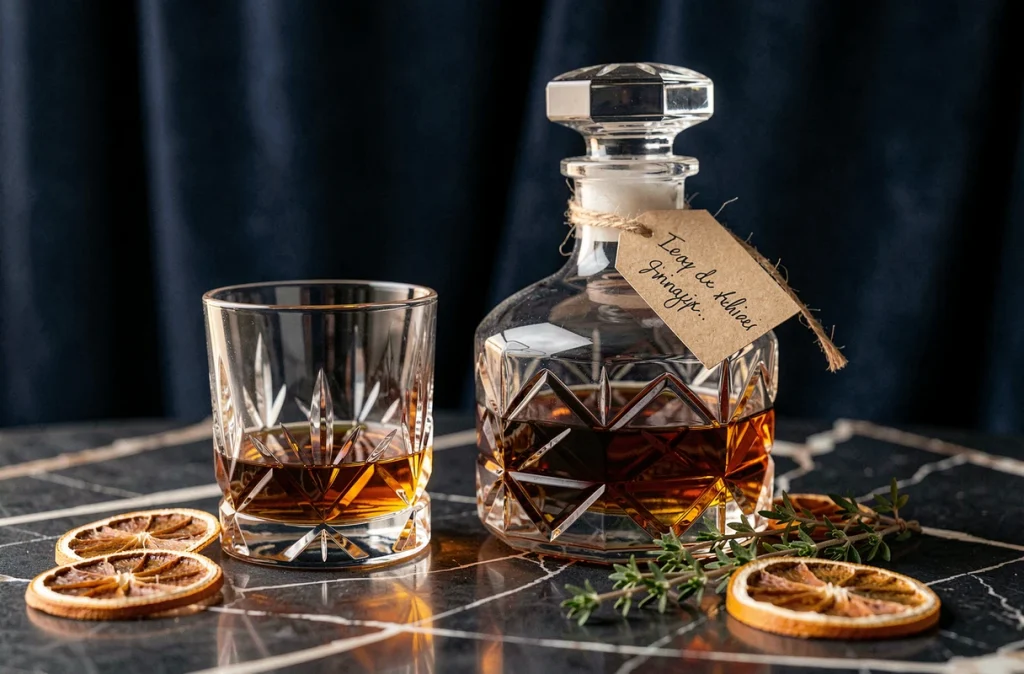 Gros plan d'une carafe à whisky en cristal taillé avec deux verres tumbler sur un plateau en marbre noir lors d'une réception de mariage