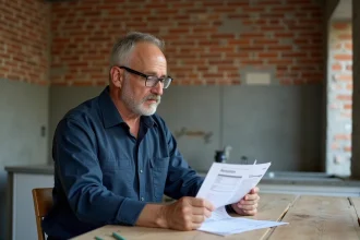 Entrepreneur en rénovation consultant un devis papier dans une cuisine belge en cours de travaux