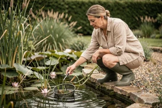 Femme entretenant les plantes aquatiques d'une piscine naturelle au bord de l'eau