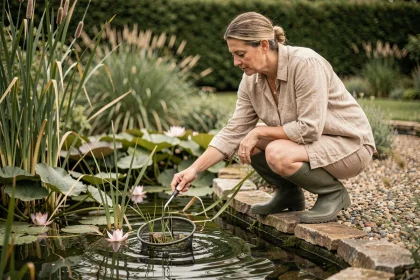 Femme entretenant les plantes aquatiques d'une piscine naturelle au bord de l'eau