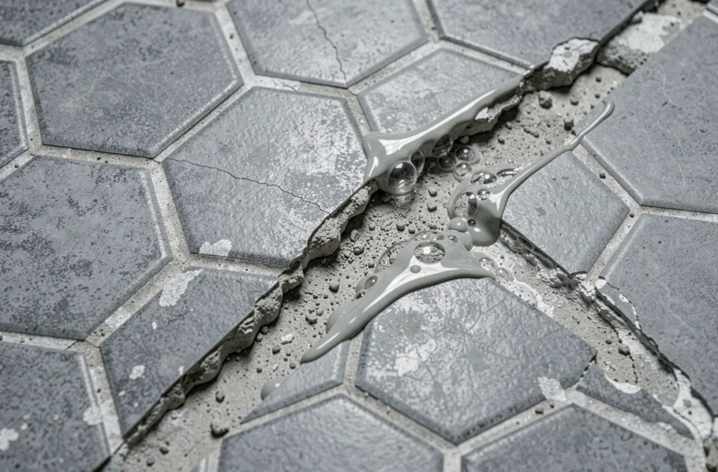 Gros plan sur un joint époxy mal appliqué sur un ancien joint fissuré de carrelage mosaïque hexagonal, montrant décollements et bulles d'air