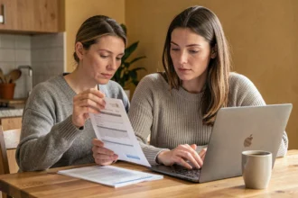 Femme consultant des documents d'assurance habitation sur son ordinateur portable dans sa cuisine