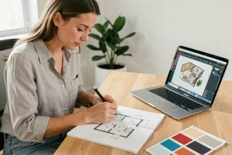 Femme dessinant un plan de maison à la main sur papier quadrillé avec un logiciel 3D ouvert sur laptop, idéal pour illustrer Kozikaza Leroy Merlin