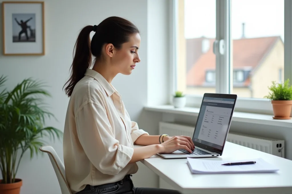 Femme consultant une plateforme de devis rénovation en ligne depuis son bureau à domicile