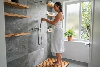 Femme ajustant un pommeau de douche économique dans une salle de bain écologique moderne