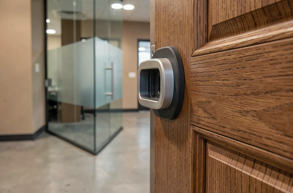Gros plan sur un pince-doigt en aluminium et caoutchouc fixé sur une porte lourde en chêne