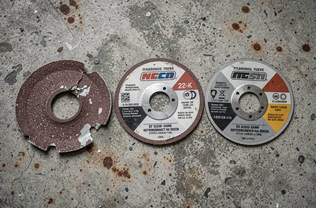 Gros plan sur trois disques à tronçonner métal comparant la qualité et l'usure sur un sol béton d'atelier
