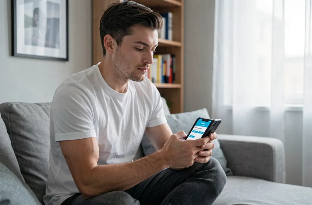 Jeune homme comparant les prix d'assurance habitation sur son smartphone dans son appartement