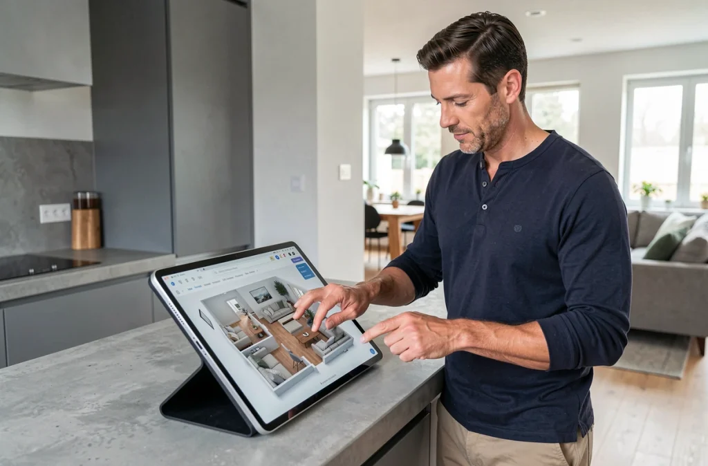 Homme utilisant une tablette pour visualiser un plan 3D de salon grâce à l'outil Kozikaza de Leroy Merlin dans une cuisine moderne