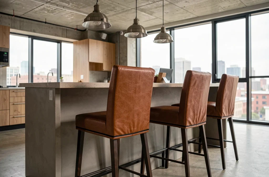 Quatre tabourets de bar avec housses en simili cuir cognac résistantes dans un appartement loft moderne à grande baie vitrée