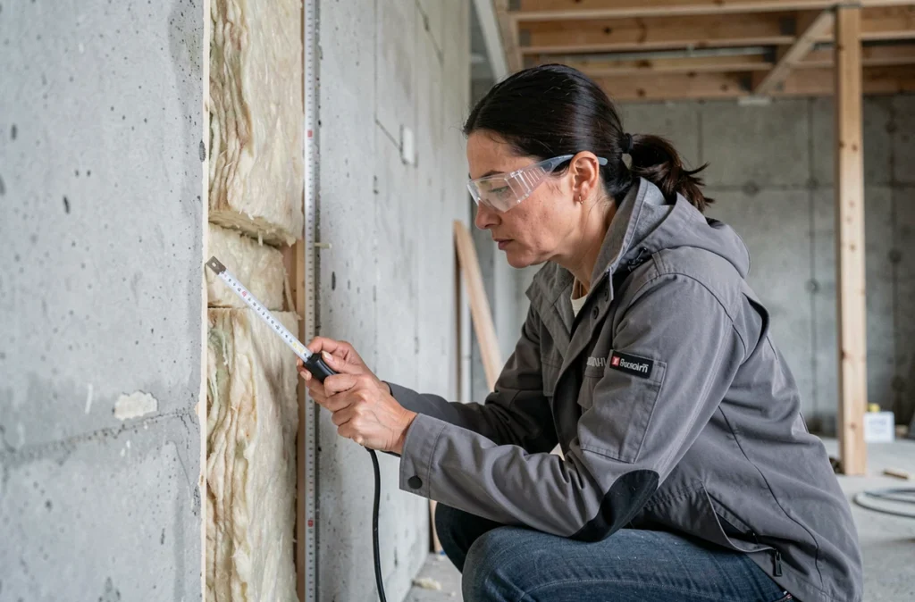 Auditrice inspectant l'isolation thermique intérieure d'une maison en cours de rénovation énergétique