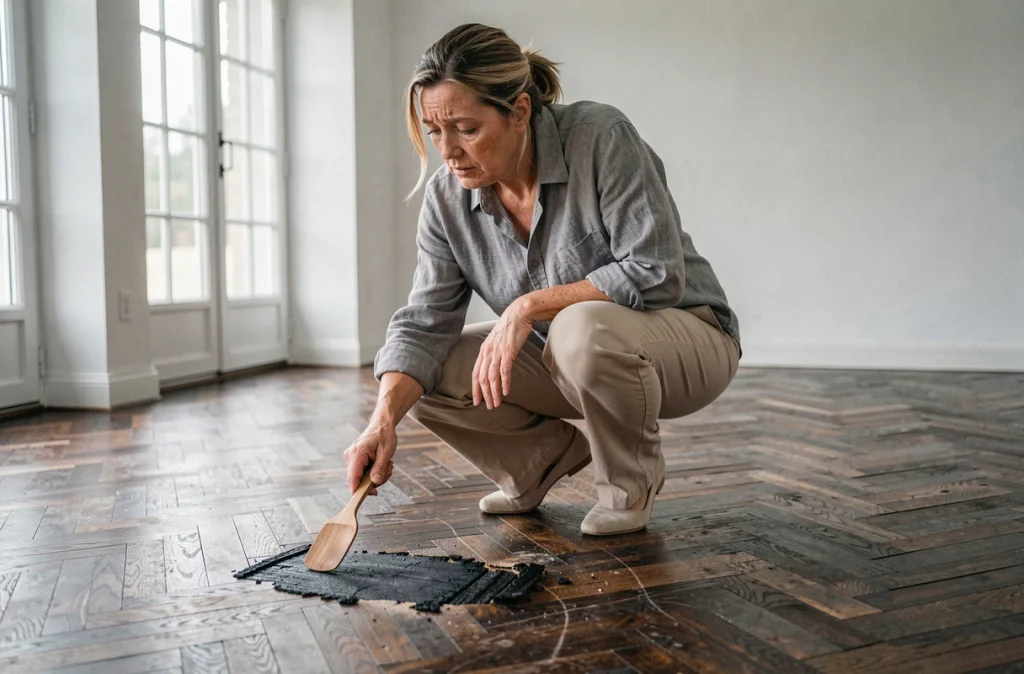 Femme inspectant un parquet noirci dans un salon vide avant travaux de rénovation