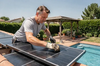 Installateur posant des panneaux solaires thermiques sur un toit pour chauffer une piscine résidentielle