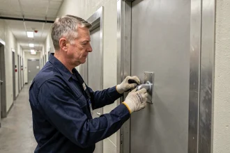 Installateur posant un pince-doigt sur une porte coupe-feu lourde dans un couloir commercial