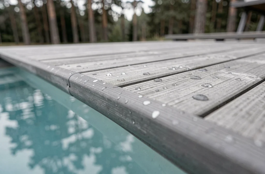 Gros plan sur margelle de piscine en composite bois gris avec gouttes d'eau sur planche texturée, terrasse moderne