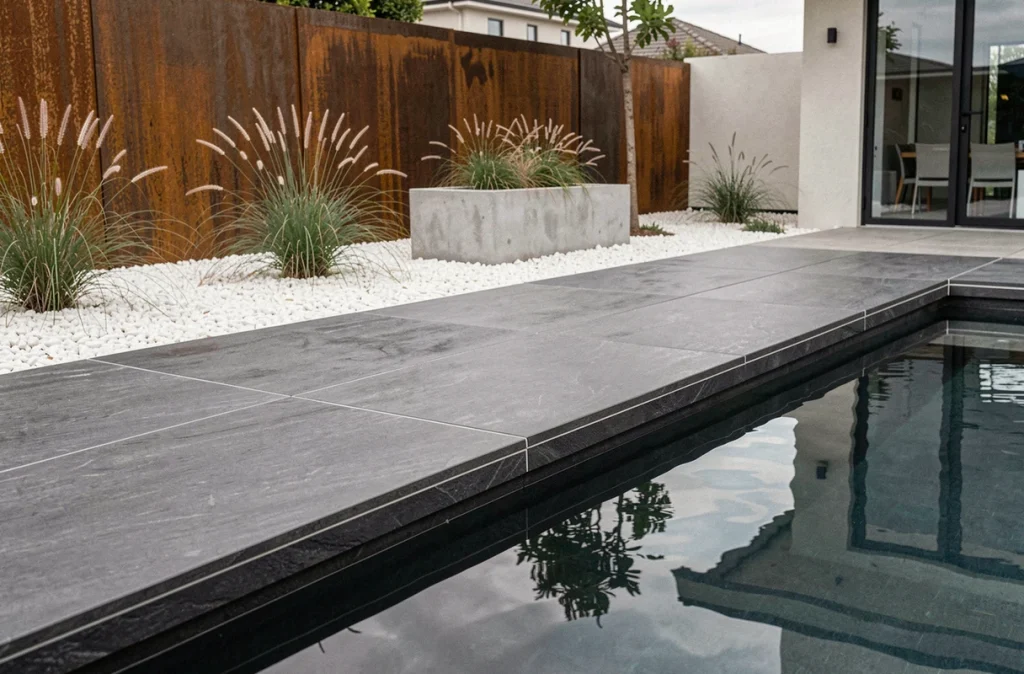 Margelles de piscine en carrelage grès cérame anthracite brossé autour d'une piscine contemporaine avec jardin minimaliste