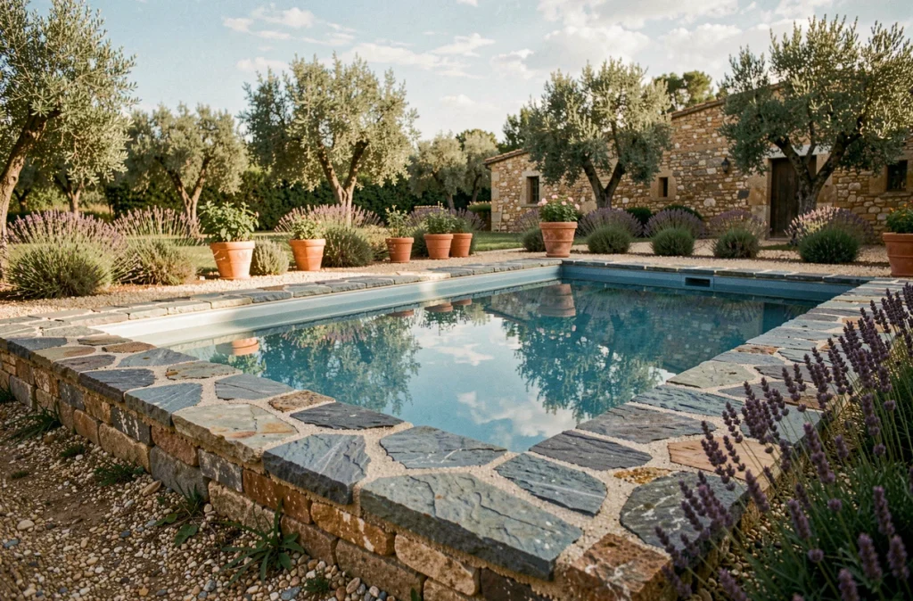 Margelles de piscine en pierre bleue taillée à bord bouchardé dans un jardin provençal avec lavandes et mas en pierre