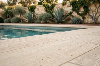 Margelles de piscine en travertin naturel beige au bord d'une piscine extérieure moderne entourée de plantes méditerranéennes