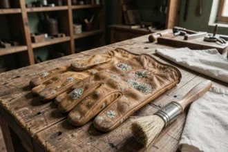 Gants en cuir ancien tachés de moisissures blanches sur un établi en bois avec brosse douce et chiffon de nettoyage